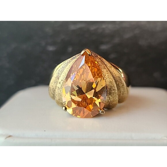 925 Vermeil Prong Set Citrine Colored Rhinestone Statement Ring, SIZE US 5 - Picture 3 of 10